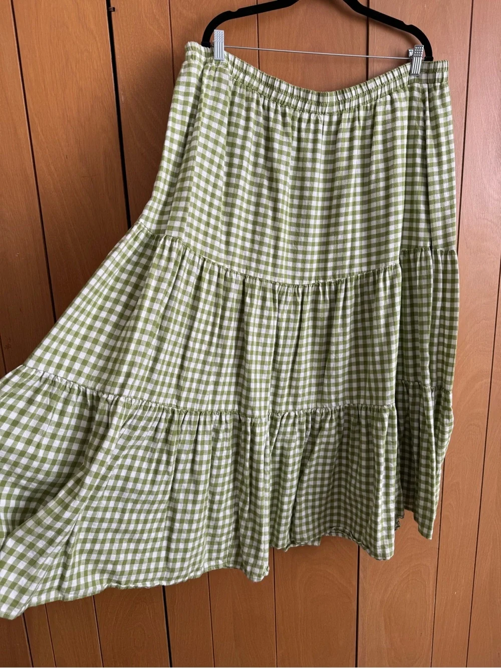 Light Green Gingham Tiered Midi Skirt